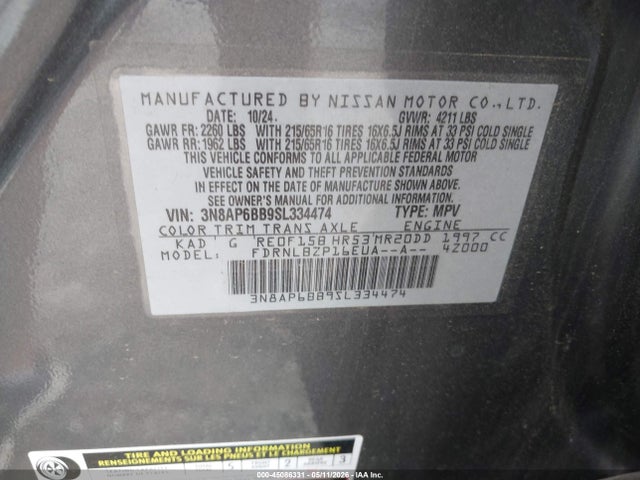 Aukcja sprzedaży 2025 Nissan Kicks S Intelligent Awd, vin: 3N8AP6BB9SL334474, numer aukcji: 45086331