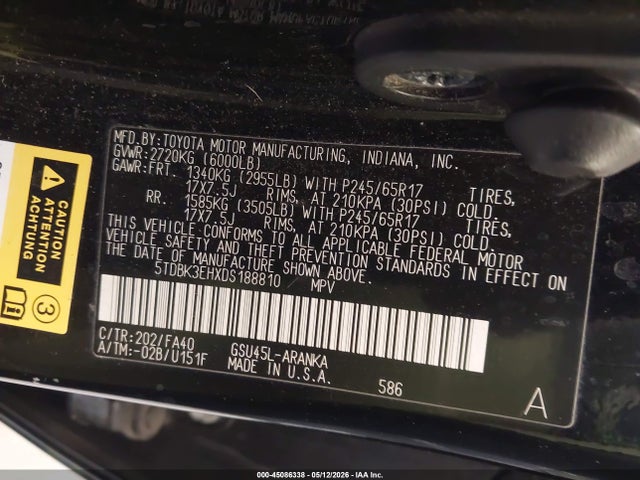 Aukcja sprzedaży 2013 Toyota Highlander Base Plus V6, vin: 5TDBK3EHXDS188810, numer aukcji: 45086338