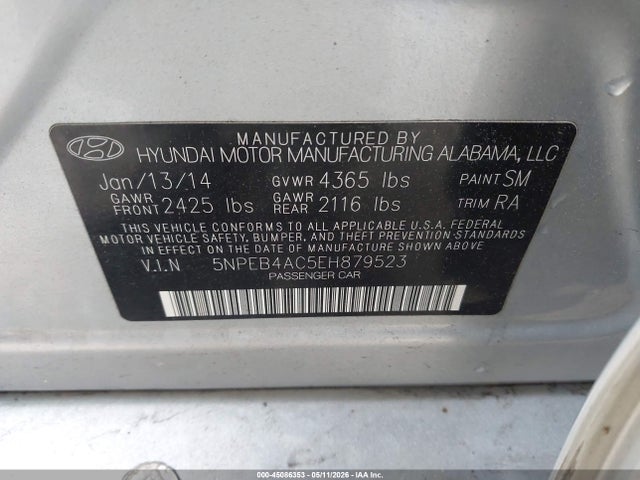 2014 Hyundai Sonata Gls მანქანა იყიდება აუქციონზე, vin: 5NPEB4AC5EH879523, აუქციონის ნომერი: 45086353