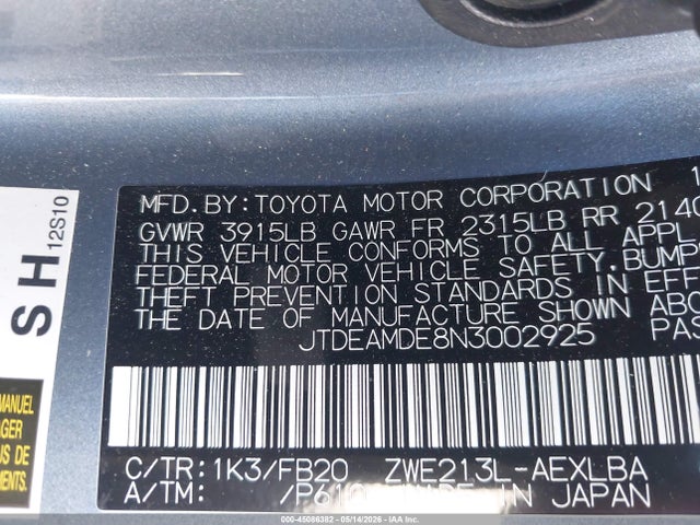 Aukcja sprzedaży 2022 Toyota Corolla Hybrid Le, vin: JTDEAMDE8N3002925, numer aukcji: 45086382