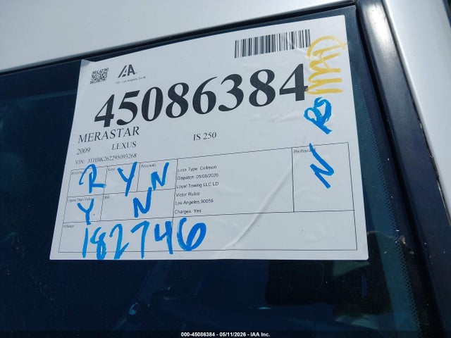 Aukcja sprzedaży 2009 Lexus Is 250, vin: JTHBK262295093268, numer aukcji: 45086384