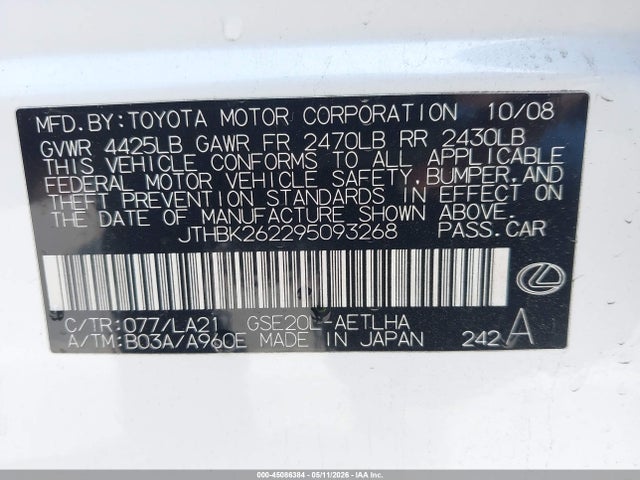 Aukcja sprzedaży 2009 Lexus Is 250, vin: JTHBK262295093268, numer aukcji: 45086384