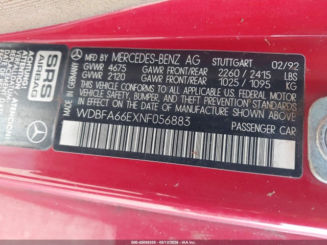 45086385 :رقم المزاد ، WDBFA66EXNF056883 vin ، 1992 Mercedes-benz 500 Sl مزاد بيع