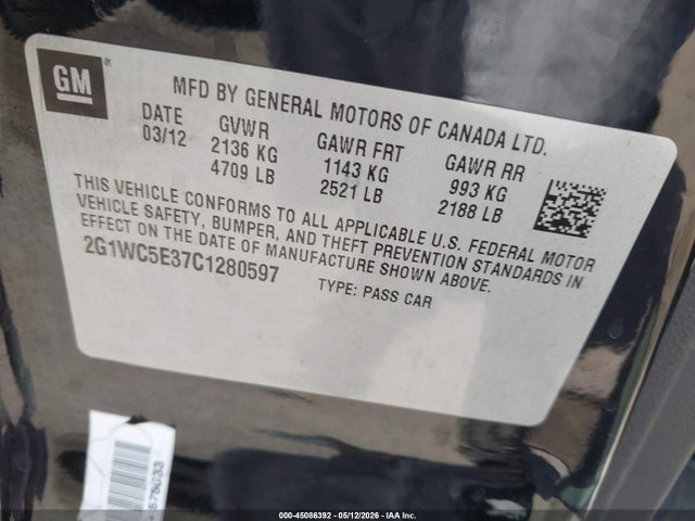 45086392 :رقم المزاد ، 2G1WC5E37C1280597 vin ، 2012 Chevrolet Impala Ltz مزاد بيع