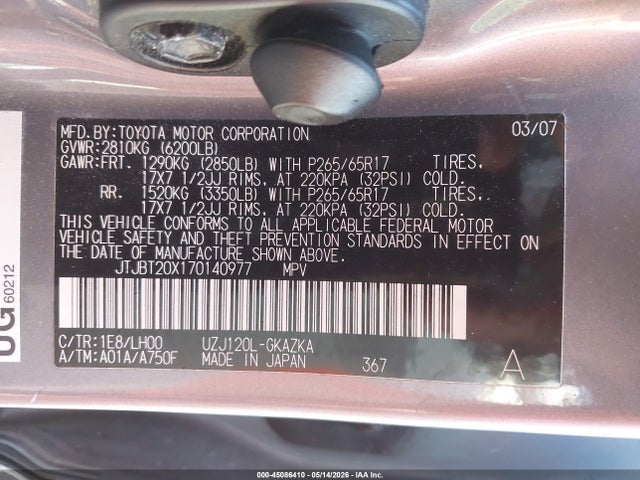 Aukcja sprzedaży 2007 Lexus Gx 470, vin: JTJBT20X170140977, numer aukcji: 45086410