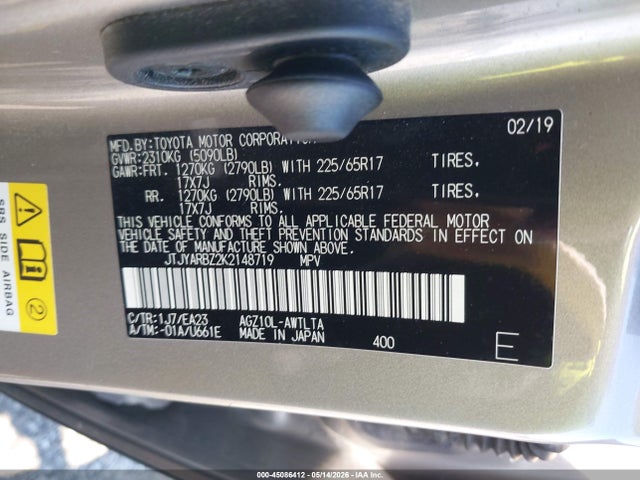 45086412 :رقم المزاد ، JTJYARBZ2K2148719 vin ، 2019 Lexus Nx 300 مزاد بيع