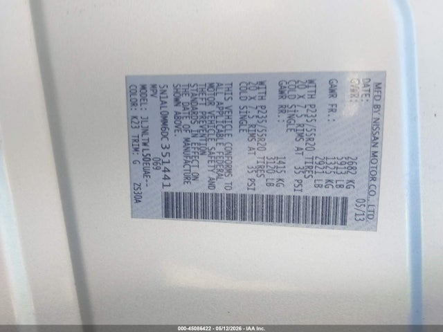 45086422 :رقم المزاد ، 5N1AL0MM6DC351441 vin ، 2013 Infiniti Jx35 مزاد بيع