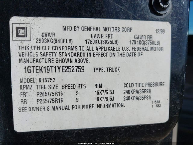 Aukcja sprzedaży 2000 Gmc Sierra 1500 Sle, vin: 1GTEK19T1YE252759, numer aukcji: 45086444