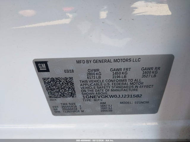 Продаж на аукціоні авто 2018 Chevrolet Traverse 1lt, vin: 1GNEVGKW0JJ231582, номер лоту: 45086465