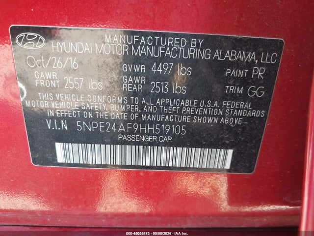 5NPE24AF9HH519105 Hyundai Sonata