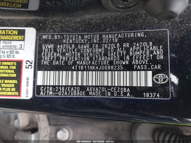 4T1B11HK4JU088235 Toyota CAMRY SE