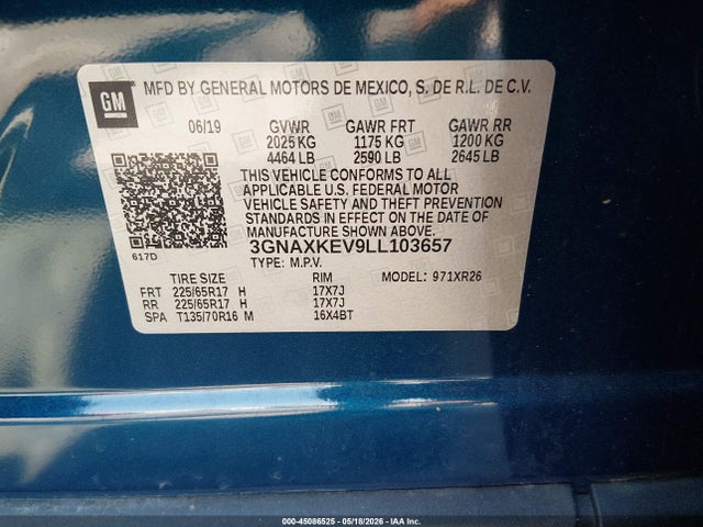 3GNAXKEV9LL103657 Chevrolet Equinox Fwd Lt 1.5l Turbo