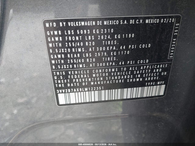 3VV2B7AX9LM122351 Volkswagen Tiguan 2.0t Se/2.0t Se R-line Black/2.0t Sel