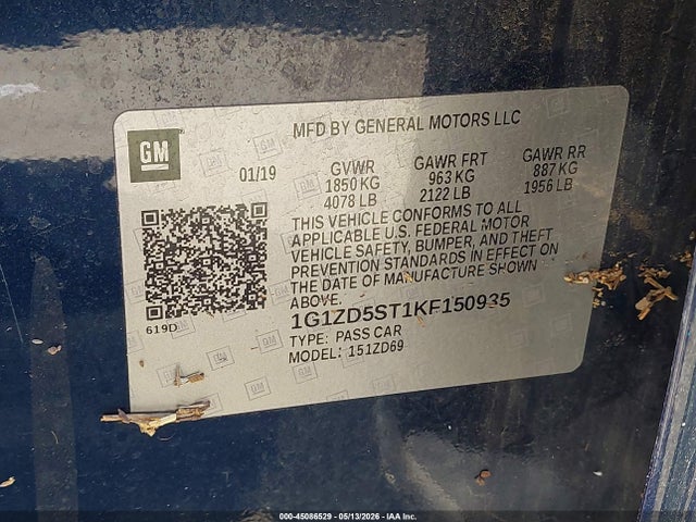 Aukcja sprzedaży 2019 Chevrolet Malibu Lt, vin: 1G1ZD5ST1KF150935, numer aukcji: 45086529