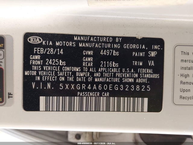 5XXGR4A60EG323825 KIA Optima Sxl Turbo