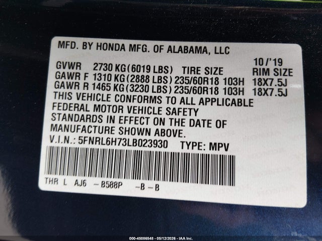 Aukcja sprzedaży 2020 Honda Odyssey Ex-l/ex-l W/navi   Res, vin: 5FNRL6H73LB023930, numer aukcji: 45086548