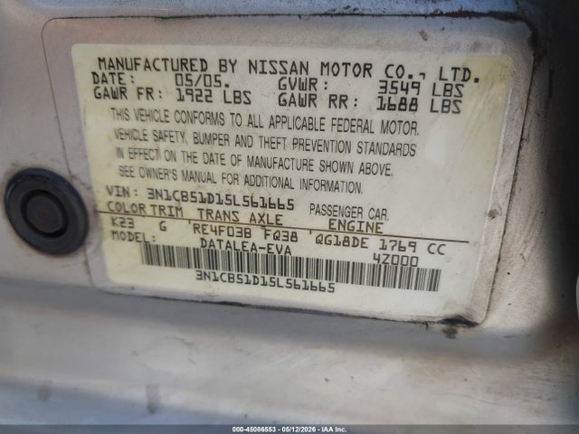 Продаж на аукціоні авто 2005 Nissan Sentra 1.8s, vin: 3N1CB51D15L561665, номер лоту: 45086553