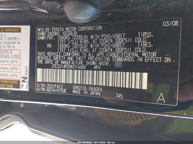 45086568 :رقم المزاد ، JTEZU14R28K016688 vin ، 2008 Toyota 4runner Sr5 V6 مزاد بيع