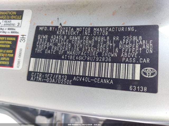 Aukcja sprzedaży 2008 Toyota Camry, vin: 4T1BE46K78U792836, numer aukcji: 45086575
