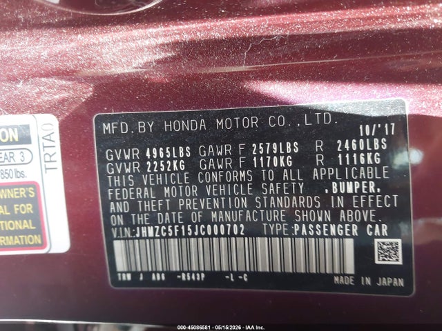 45086581 :رقم المزاد ، JHMZC5F15JC000702 vin ، 2018 Honda Clarity Plug-in Hybrid مزاد بيع