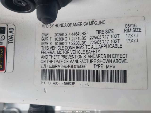 2016 Honda Cr-v Ex მანქანა იყიდება აუქციონზე, vin: 5J6RM3H54GL015066, აუქციონის ნომერი: 45086605