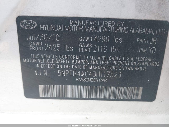 Продаж на аукціоні авто 2011 Hyundai Sonata Gls, vin: 5NPEB4AC4BH117523, номер лоту: 45086618