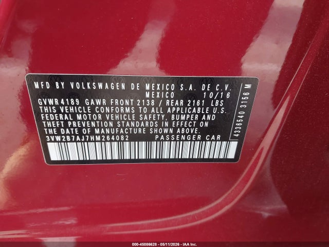 Aukcja sprzedaży 2017 Volkswagen Jetta 1.4t S, vin: 3VW2B7AJ7HM264082, numer aukcji: 45086628