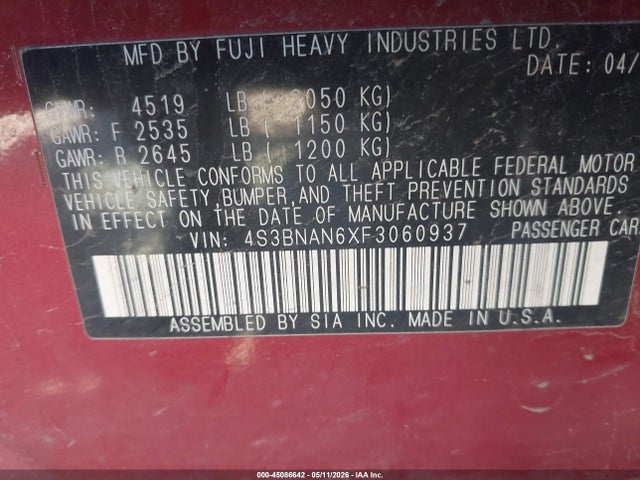 45086642 :رقم المزاد ، 4S3BNAN6XF3060937 vin ، 2015 Subaru Legacy 2.5i Limited مزاد بيع