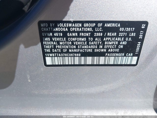 45086651 :رقم المزاد ، 1VWBT7A37HC067669 vin ، 2017 Volkswagen Passat 1.8t Se مزاد بيع