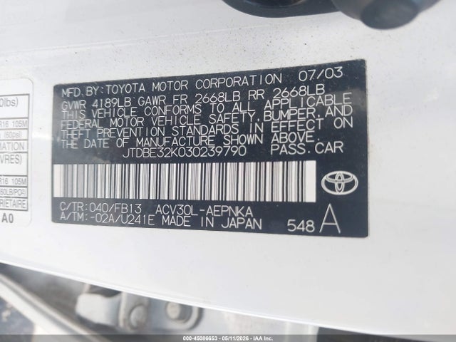 Продажа на аукционе авто 2003 Toyota Camry Le, vin: JTDBE32K030239790, номер лота: 45086653