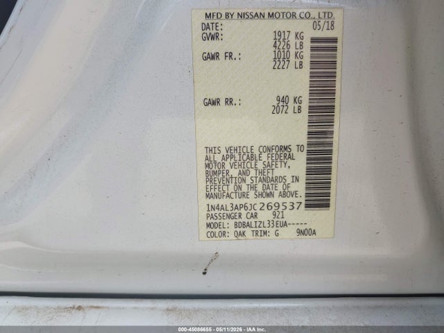 2018 Nissan Altima 2.5 Sv მანქანა იყიდება აუქციონზე, vin: 1N4AL3AP6JC269537, აუქციონის ნომერი: 45086655
