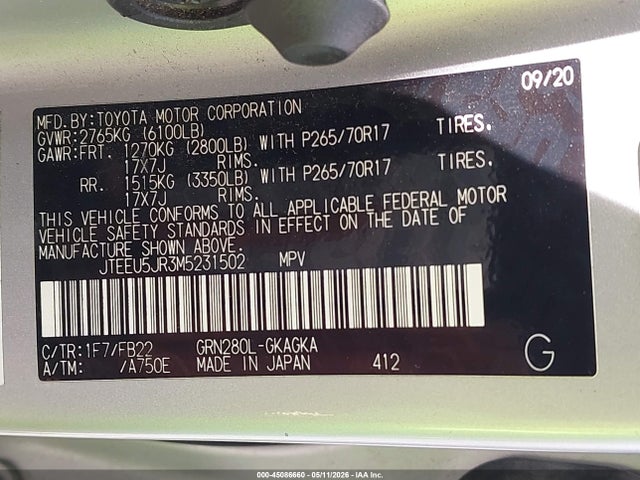 Продажа на аукционе авто 2021 Toyota 4runner Sr5, vin: JTEEU5JR3M5231502, номер лота: 45086660