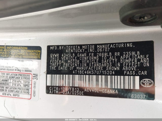 2007 Toyota Camry Le მანქანა იყიდება აუქციონზე, vin: 4T1BE46K57U715204, აუქციონის ნომერი: 45086673