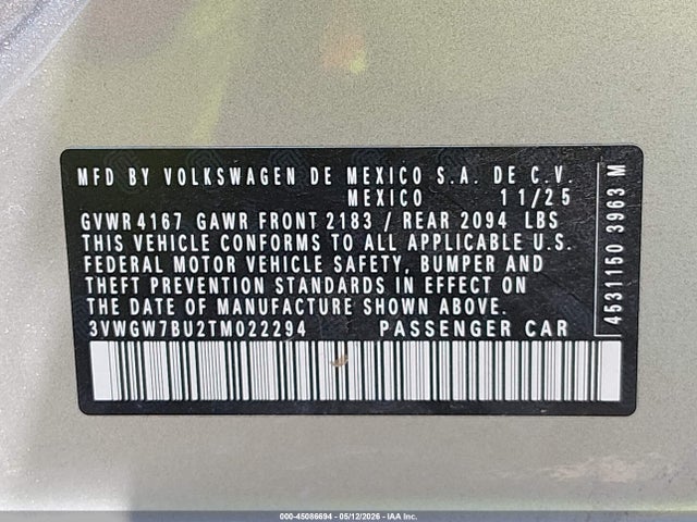 45086694 :رقم المزاد ، 3VWGW7BU2TM022294 vin ، 2026 Volkswagen Jetta Sel مزاد بيع