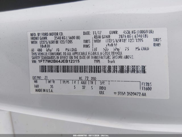 2018 Ford F-250 Xlt მანქანა იყიდება აუქციონზე, vin: 1FT7W2B64JEB12315, აუქციონის ნომერი: 45086700