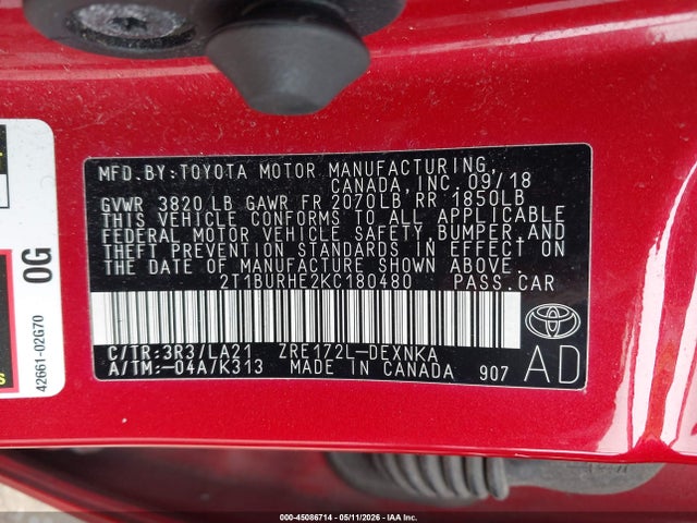 Aukcja sprzedaży 2019 Toyota Corolla Xle, vin: 2T1BURHE2KC180480, numer aukcji: 45086714