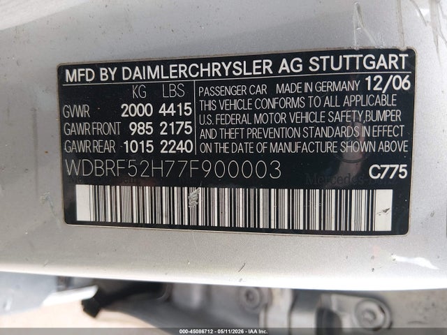 45086712 :رقم المزاد ، WDBRF52H77F900003 vin ، 2007 Mercedes-benz C 230 Sport مزاد بيع