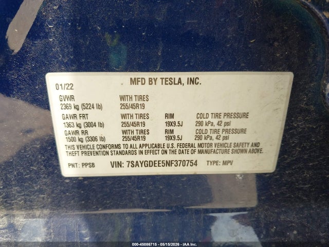 2022 Tesla Model Y Long Range Dual Motor All-wheel Drive მანქანა იყიდება აუქციონზე, vin: 7SAYGDEE5NF370754, აუქციონის ნომერი: 45086715