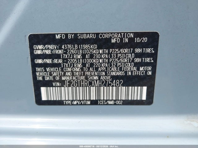 Aukcja sprzedaży 2021 Subaru Crosstrek Sport, vin: JF2GTHRCXMH275482, numer aukcji: 45086716