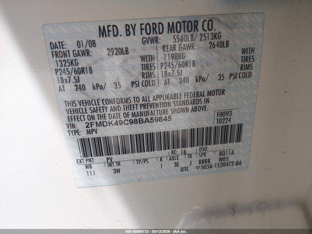 Продаж на аукціоні авто 2008 Ford Edge Limited, vin: 2FMDK49C98BA59845, номер лоту: 45086733