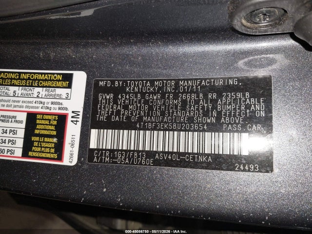 45086750 :رقم المزاد ، 4T1BF3EK5BU203654 vin ، 2011 Toyota Camry Le مزاد بيع