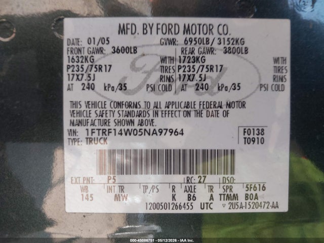 Aukcja sprzedaży 2005 Ford F-150 Stx/xl/xlt, vin: 1FTRF14W05NA97964, numer aukcji: 45086751