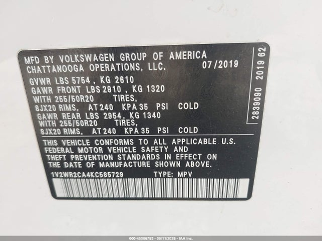 2019 Volkswagen Atlas 3.6l V6 Se W/technology მანქანა იყიდება აუქციონზე, vin: 1V2WR2CA4KC585729, აუქციონის ნომერი: 45086753