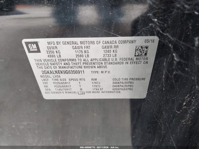 2016 Gmc Terrain Sle-2 მანქანა იყიდება აუქციონზე, vin: 2GKALNEK9G6356911, აუქციონის ნომერი: 45086770