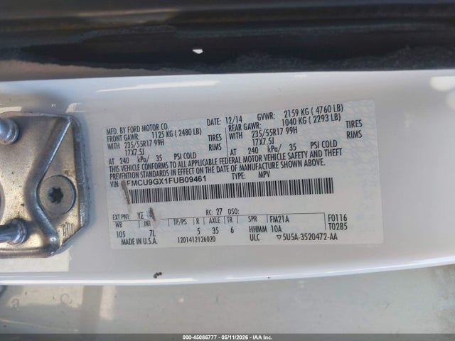 2015 Ford Escape Se მანქანა იყიდება აუქციონზე, vin: 1FMCU9GX1FUB09461, აუქციონის ნომერი: 45086777