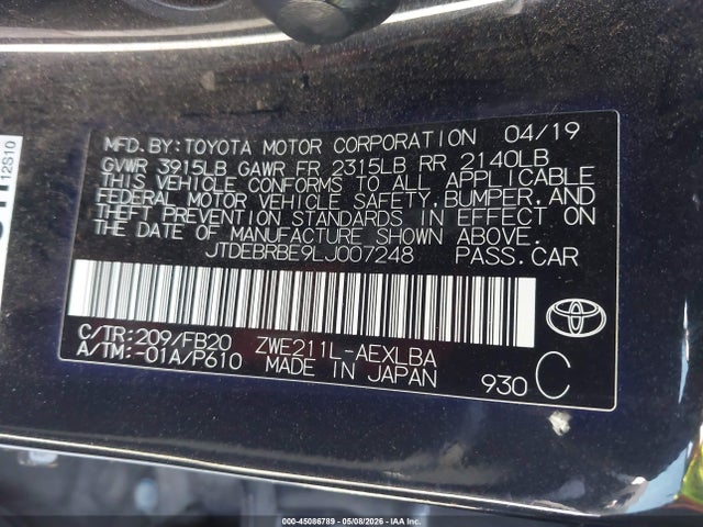 JTDEBRBE9LJ007248 Toyota Corolla Hybrid Le
