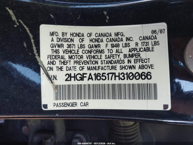 Aukcja sprzedaży 2007 Honda Civic Lx, vin: 2HGFA16517H310066, numer aukcji: 45086797