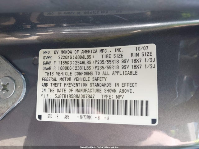 45086801 :رقم المزاد ، 5J8TB18588A007847 vin ، 2008 Acura Rdx مزاد بيع