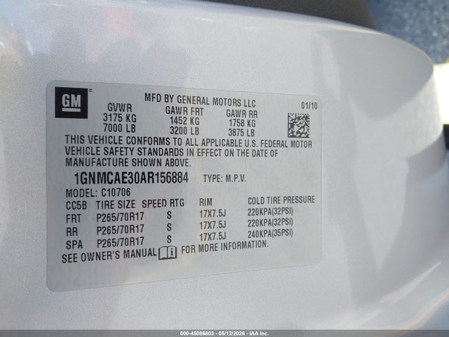2010 Chevrolet Tahoe Ls მანქანა იყიდება აუქციონზე, vin: 1GNMCAE30AR156884, აუქციონის ნომერი: 45086803