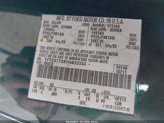 2000 Ford F-150 Work Series/xl/xlt მანქანა იყიდება აუქციონზე, vin: 1FTZX172XYNB53533, აუქციონის ნომერი: 45086812